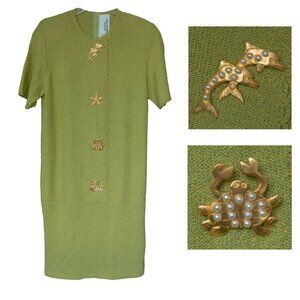 Steve Fabrikant Wool Dress Vintage 80s Santana Knit Chartreuse Green  Gold Gaudy